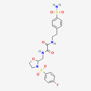 molecular formula C20H23FN4O7S2 B2708891 N1-((3-((4-fluorophenyl)sulfonyl)oxazolidin-2-yl)methyl)-N2-(4-sulfamoylphenethyl)oxalamide CAS No. 868981-68-4