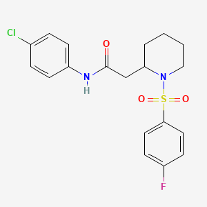 molecular formula C19H20ClFN2O3S B2709074 N-(4-chlorophenyl)-2-(1-((4-fluorophenyl)sulfonyl)piperidin-2-yl)acetamide CAS No. 1021090-24-3