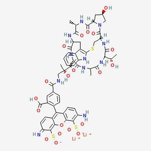 molecular formula C56H59Li2N11O20S3 B2709320 Dilithium;3-amino-9-[2-carboxy-4-[[(2R)-2-hydroxy-3-[(1S,14S,18R,20S,23S,28S,34R)-18-hydroxy-34-[(1S)-1-hydroxyethyl]-23,31-dimethyl-15,21,24,26,29,32,35-heptaoxo-12-thia-10,16,22,25,27,30,33,36-octazapentacyclo[12.11.11.03,11.04,9.016,20]hexatriaconta-3(11),4,6,8-tetraen-28-yl]-2-methylpropyl]carbamoyl]phenyl]-6-iminoxanthene-4,5-disulfonate CAS No. 289620-19-5