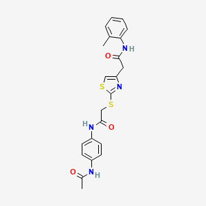 molecular formula C22H22N4O3S2 B2709669 N-(4-acetamidophenyl)-2-((4-(2-oxo-2-(o-tolylamino)ethyl)thiazol-2-yl)thio)acetamide CAS No. 941937-28-6