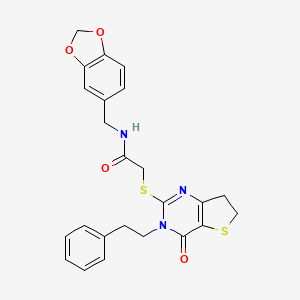 molecular formula C24H23N3O4S2 B2709884 N-(benzo[d][1,3]dioxol-5-ylmethyl)-2-((4-oxo-3-phenethyl-3,4,6,7-tetrahydrothieno[3,2-d]pyrimidin-2-yl)thio)acetamide CAS No. 877652-56-7