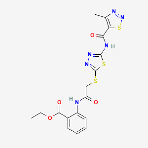 molecular formula C17H16N6O4S3 B2709952 Ethyl 2-(2-((5-(4-methyl-1,2,3-thiadiazole-5-carboxamido)-1,3,4-thiadiazol-2-yl)thio)acetamido)benzoate CAS No. 1351634-37-1