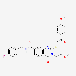 molecular formula C28H26FN3O5S B2710079 N-[(4-fluorophenyl)methyl]-3-(2-methoxyethyl)-2-{[2-(4-methoxyphenyl)-2-oxoethyl]sulfanyl}-4-oxo-3,4-dihydroquinazoline-7-carboxamide CAS No. 1113139-59-5