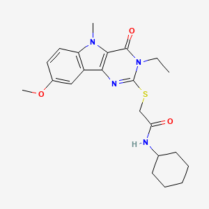 molecular formula C22H28N4O3S B2710124 N-cyclohexyl-2-({3-ethyl-8-methoxy-5-methyl-4-oxo-3H,4H,5H-pyrimido[5,4-b]indol-2-yl}sulfanyl)acetamide CAS No. 1112301-11-7