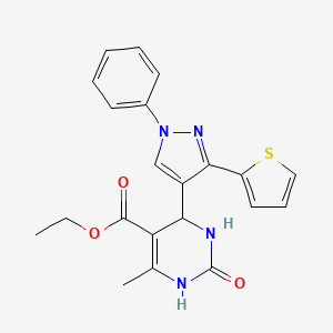molecular formula C21H20N4O3S B2710160 ethyl 6-methyl-2-oxo-4-(1-phenyl-3-(thiophen-2-yl)-1H-pyrazol-4-yl)-1,2,3,4-tetrahydropyrimidine-5-carboxylate CAS No. 376358-26-8