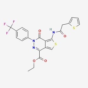 molecular formula C22H16F3N3O4S2 B2710207 Ethyl 4-oxo-5-(2-(thiophen-2-yl)acetamido)-3-(4-(trifluoromethyl)phenyl)-3,4-dihydrothieno[3,4-d]pyridazine-1-carboxylate CAS No. 851951-46-7