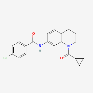 molecular formula C20H19ClN2O2 B2710459 4-chloro-N-[1-(cyclopropanecarbonyl)-3,4-dihydro-2H-quinolin-7-yl]benzamide CAS No. 898439-23-1