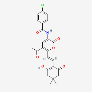 molecular formula C24H22ClNO6 B2710488 N-{5-acetyl-6-[(E)-2-(2-hydroxy-4,4-dimethyl-6-oxo-1-cyclohexenyl)ethenyl]-2-oxo-2H-pyran-3-yl}-4-chlorobenzenecarboxamide CAS No. 341966-10-7