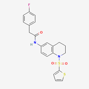 molecular formula C21H19FN2O3S2 B2710515 2-(4-fluorophenyl)-N-(1-(thiophen-2-ylsulfonyl)-1,2,3,4-tetrahydroquinolin-6-yl)acetamide CAS No. 941882-54-8