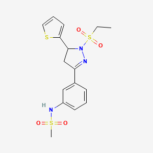 molecular formula C16H19N3O4S3 B2710680 N-{3-[1-(ethanesulfonyl)-5-(thiophen-2-yl)-4,5-dihydro-1H-pyrazol-3-yl]phenyl}methanesulfonamide CAS No. 851782-54-2