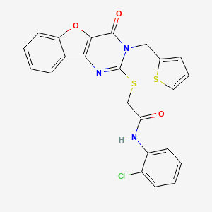 molecular formula C23H16ClN3O3S2 B2710739 N-(2-chlorophenyl)-2-({6-oxo-5-[(thiophen-2-yl)methyl]-8-oxa-3,5-diazatricyclo[7.4.0.0^{2,7}]trideca-1(9),2(7),3,10,12-pentaen-4-yl}sulfanyl)acetamide CAS No. 899754-62-2