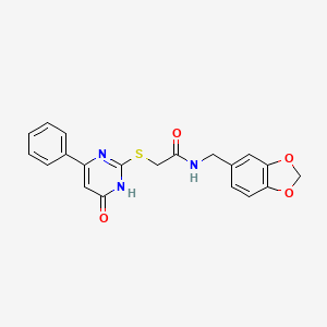 molecular formula C20H17N3O4S B2710784 N-(1,3-benzodioxol-5-ylmethyl)-2-[(6-oxo-4-phenyl-1,6-dihydro-2-pyrimidinyl)thio]acetamide CAS No. 678147-15-4