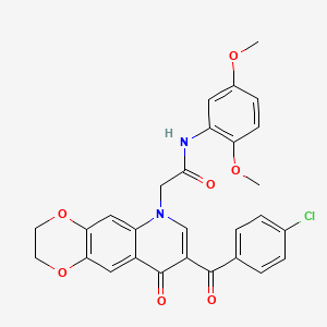 molecular formula C28H23ClN2O7 B2710806 2-[8-(4-chlorobenzoyl)-9-oxo-2,3-dihydro-[1,4]dioxino[2,3-g]quinolin-6-yl]-N-(2,5-dimethoxyphenyl)acetamide CAS No. 866342-02-1