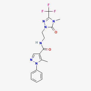 molecular formula C17H17F3N6O2 B2710810 5-methyl-N-(2-(4-methyl-5-oxo-3-(trifluoromethyl)-4,5-dihydro-1H-1,2,4-triazol-1-yl)ethyl)-1-phenyl-1H-pyrazole-4-carboxamide CAS No. 1421524-81-3