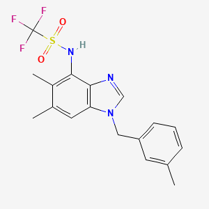 molecular formula C18H18F3N3O2S B2710955 N-[5,6-dimethyl-1-(3-methylbenzyl)-1H-1,3-benzimidazol-4-yl](trifluoro)methanesulfonamide CAS No. 338423-71-5