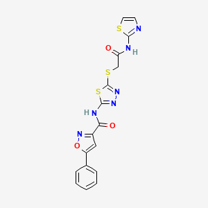 molecular formula C17H12N6O3S3 B2710957 N-(5-((2-oxo-2-(thiazol-2-ylamino)ethyl)thio)-1,3,4-thiadiazol-2-yl)-5-phenylisoxazole-3-carboxamide CAS No. 1351605-57-6
