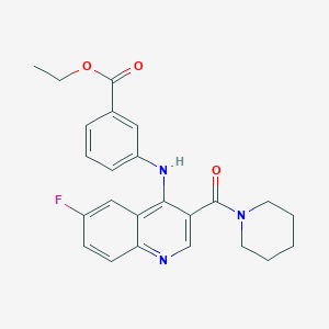 molecular formula C24H24FN3O3 B2711146 Ethyl 3-{[6-fluoro-3-(piperidine-1-carbonyl)quinolin-4-yl]amino}benzoate CAS No. 1357835-07-4