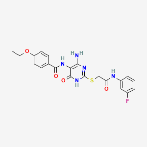 molecular formula C21H20FN5O4S B2711475 N-(4-amino-2-((2-((3-fluorophenyl)amino)-2-oxoethyl)thio)-6-oxo-1,6-dihydropyrimidin-5-yl)-4-ethoxybenzamide CAS No. 888417-41-2