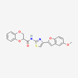 molecular formula C21H16N2O5S B2711558 N-(4-(5-methoxybenzofuran-2-yl)thiazol-2-yl)-2,3-dihydrobenzo[b][1,4]dioxine-2-carboxamide CAS No. 922107-03-7