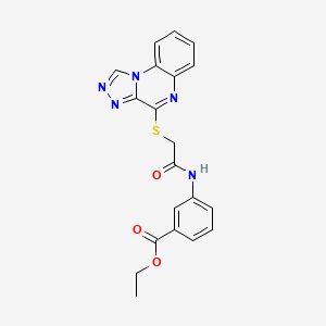 molecular formula C20H17N5O3S B2711898 Ethyl 3-(2-{[1,2,4]triazolo[4,3-a]quinoxalin-4-ylsulfanyl}acetamido)benzoate CAS No. 1215477-42-1