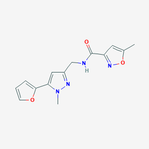 molecular formula C14H14N4O3 B2712038 N-((5-(furan-2-yl)-1-methyl-1H-pyrazol-3-yl)methyl)-5-methylisoxazole-3-carboxamide CAS No. 1421489-67-9