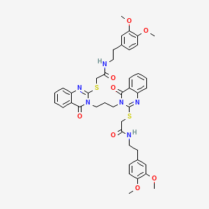 molecular formula C43H46N6O8S2 B2712043 N-[2-(3,4-dimethoxyphenyl)ethyl]-2-{[3-(3-{2-[({[2-(3,4-dimethoxyphenyl)ethyl]carbamoyl}methyl)sulfanyl]-4-oxo-3,4-dihydroquinazolin-3-yl}propyl)-4-oxo-3,4-dihydroquinazolin-2-yl]sulfanyl}acetamide CAS No. 689771-75-3