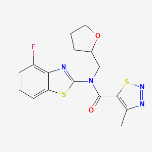 molecular formula C16H15FN4O2S2 B2712073 N-(4-fluoro-1,3-benzothiazol-2-yl)-4-methyl-N-[(oxolan-2-yl)methyl]-1,2,3-thiadiazole-5-carboxamide CAS No. 1173073-76-1