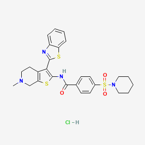 molecular formula C27H29ClN4O3S3 B2712099 N-(3-(benzo[d]thiazol-2-yl)-6-methyl-4,5,6,7-tetrahydrothieno[2,3-c]pyridin-2-yl)-4-(piperidin-1-ylsulfonyl)benzamide hydrochloride CAS No. 1215595-29-1