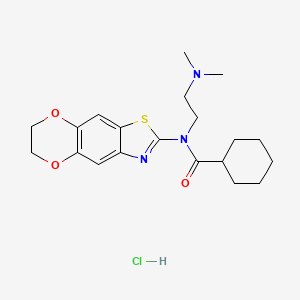 molecular formula C20H28ClN3O3S B2712144 N-(6,7-dihydro-[1,4]dioxino[2,3-f][1,3]benzothiazol-2-yl)-N-[2-(dimethylamino)ethyl]cyclohexanecarboxamide;hydrochloride CAS No. 1216916-48-1