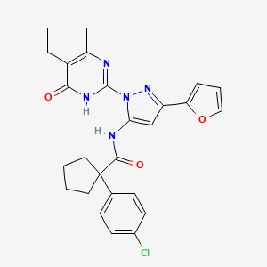 molecular formula C26H26ClN5O3 B2712360 1-(4-chlorophenyl)-N-(1-(5-ethyl-4-methyl-6-oxo-1,6-dihydropyrimidin-2-yl)-3-(furan-2-yl)-1H-pyrazol-5-yl)cyclopentanecarboxamide CAS No. 1207060-51-2