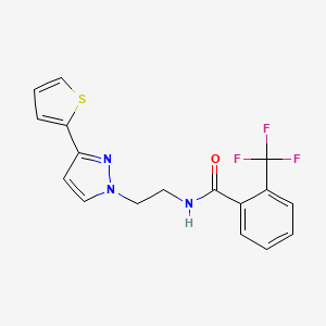 molecular formula C17H14F3N3OS B2712388 N-{2-[3-(thiophen-2-yl)-1H-pyrazol-1-yl]ethyl}-2-(trifluoromethyl)benzamide CAS No. 1448135-73-6