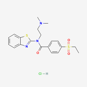 molecular formula C20H24ClN3O3S2 B2712399 N-(benzo[d]thiazol-2-yl)-N-(2-(dimethylamino)ethyl)-4-(ethylsulfonyl)benzamide hydrochloride CAS No. 1216972-25-6