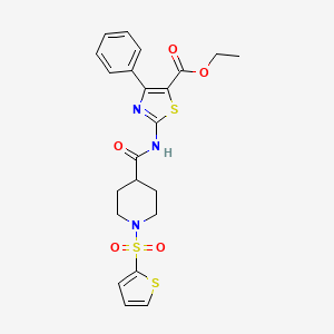 molecular formula C22H23N3O5S3 B2712559 Ethyl 4-phenyl-2-(1-(thiophen-2-ylsulfonyl)piperidine-4-carboxamido)thiazole-5-carboxylate CAS No. 923000-82-2
