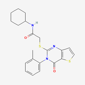 molecular formula C21H23N3O2S2 B2712609 N-cyclohexyl-2-{[3-(2-methylphenyl)-4-oxo-3H,4H-thieno[3,2-d]pyrimidin-2-yl]sulfanyl}acetamide CAS No. 1291863-92-7