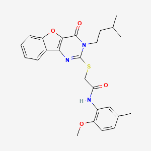 molecular formula C25H27N3O4S B2712632 N-(2-methoxy-5-methylphenyl)-2-{[3-(3-methylbutyl)-4-oxo-3,4-dihydro[1]benzofuro[3,2-d]pyrimidin-2-yl]sulfanyl}acetamide CAS No. 899755-56-7