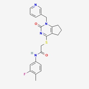 molecular formula C22H21FN4O2S B2712656 N-(3-fluoro-4-methylphenyl)-2-({2-oxo-1-[(pyridin-3-yl)methyl]-1H,2H,5H,6H,7H-cyclopenta[d]pyrimidin-4-yl}sulfanyl)acetamide CAS No. 933204-28-5