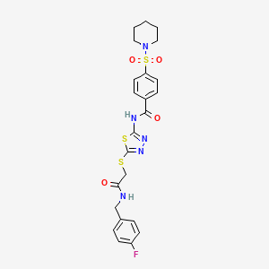molecular formula C23H24FN5O4S3 B2712697 N-(5-((2-((4-fluorobenzyl)amino)-2-oxoethyl)thio)-1,3,4-thiadiazol-2-yl)-4-(piperidin-1-ylsulfonyl)benzamide CAS No. 896027-99-9