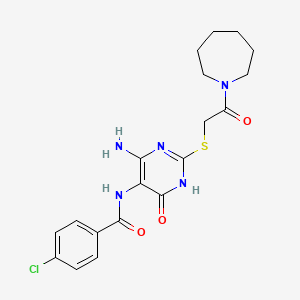 molecular formula C19H22ClN5O3S B2712816 N-(4-amino-2-((2-(azepan-1-yl)-2-oxoethyl)thio)-6-oxo-1,6-dihydropyrimidin-5-yl)-4-chlorobenzamide CAS No. 872597-58-5