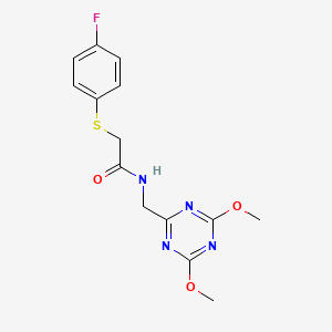 molecular formula C14H15FN4O3S B2712875 N-((4,6-dimethoxy-1,3,5-triazin-2-yl)methyl)-2-((4-fluorophenyl)thio)acetamide CAS No. 2034575-23-8