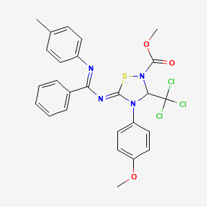 molecular formula C26H23Cl3N4O3S B2712965 methyl 4-(4-methoxyphenyl)-5-[N-(4-methylphenyl)-C-phenylcarbonimidoyl]imino-3-(trichloromethyl)-1,2,4-thiadiazolidine-2-carboxylate CAS No. 372520-97-3