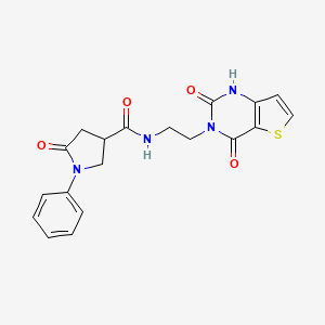 molecular formula C19H18N4O4S B2712966 N-(2-(2,4-dioxo-1,2-dihydrothieno[3,2-d]pyrimidin-3(4H)-yl)ethyl)-5-oxo-1-phenylpyrrolidine-3-carboxamide CAS No. 2034353-91-6