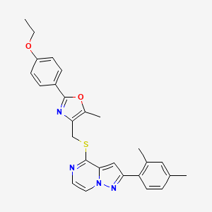 molecular formula C27H26N4O2S B2713050 2-(2,4-Dimethylphenyl)-4-({[2-(4-ethoxyphenyl)-5-methyl-1,3-oxazol-4-yl]methyl}thio)pyrazolo[1,5-a]pyrazine CAS No. 1207045-61-1