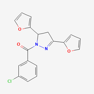 [3,5-Bis(furan-2-yl)-3,4-dihydropyrazol-2-yl]-(3-chlorophenyl)methanone