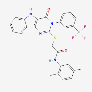molecular formula C27H21F3N4O2S B2713264 N-(2,5-dimethylphenyl)-2-({4-oxo-3-[3-(trifluoromethyl)phenyl]-3H,4H,5H-pyrimido[5,4-b]indol-2-yl}sulfanyl)acetamide CAS No. 536715-92-1