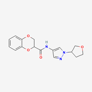 molecular formula C16H17N3O4 B2713270 N-(1-(tetrahydrofuran-3-yl)-1H-pyrazol-4-yl)-2,3-dihydrobenzo[b][1,4]dioxine-2-carboxamide CAS No. 1797638-41-5