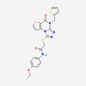 molecular formula C22H19N5O3S3 B2713304 N-(4-ethoxyphenyl)-2-((5-oxo-4-(thiophen-2-ylmethyl)-4,5-dihydrothieno[2,3-e][1,2,4]triazolo[4,3-a]pyrimidin-1-yl)thio)acetamide CAS No. 1242855-15-7