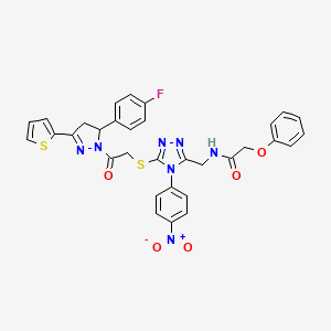 molecular formula C32H26FN7O5S2 B2713350 N-{[5-({2-[5-(4-fluorophenyl)-3-(thiophen-2-yl)-4,5-dihydro-1H-pyrazol-1-yl]-2-oxoethyl}sulfanyl)-4-(4-nitrophenyl)-4H-1,2,4-triazol-3-yl]methyl}-2-phenoxyacetamide CAS No. 393585-28-9