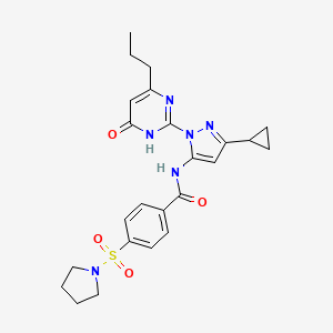molecular formula C24H28N6O4S B2713353 N-(3-cyclopropyl-1-(6-oxo-4-propyl-1,6-dihydropyrimidin-2-yl)-1H-pyrazol-5-yl)-4-(pyrrolidin-1-ylsulfonyl)benzamide CAS No. 1207016-27-0