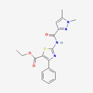 molecular formula C18H18N4O3S B2713370 ethyl 2-(1,5-dimethyl-1H-pyrazole-3-amido)-4-phenyl-1,3-thiazole-5-carboxylate CAS No. 1013773-15-3