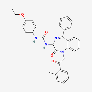 molecular formula C33H30N4O4 B2713425 N-(2,5-diaza-2-(2-(2-methylphenyl)-2-oxoethyl)-3-oxo-6-phenylbicyclo[5.4.0]undeca-1(7),5,8,10-tetraen-4-yl)((4-ethoxyphenyl)amino)formamide CAS No. 1796911-63-1